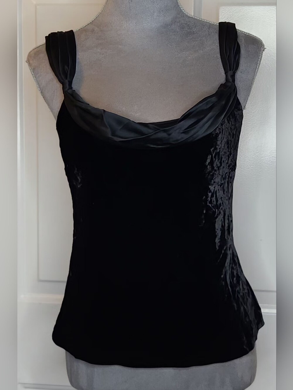 Ann Taylor Black Velvet Sleeveless Cowl Neck Top with Silk Trim Size 4